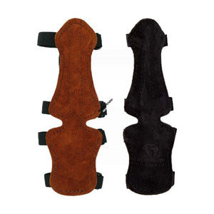 A honey brown suede arm guard for kids with black snap-lock clips.
